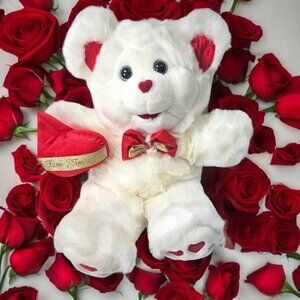 Dandee Vintage MTY Teddy Bear White Plush Red Satin Heart Pillow Bow Tie